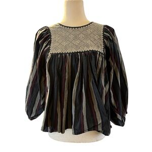 Anthropologie Kopal Zeenat Stripped Puff Sleeve Peasant Top Size Small